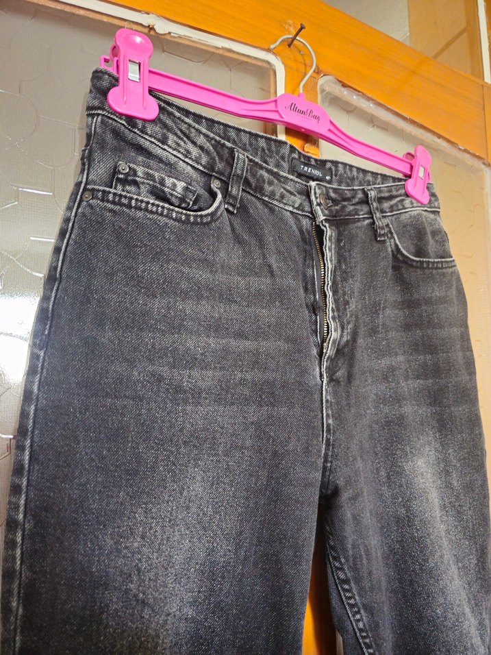 Siyah Bol Kesim Midi Kot Pantolon/ Mom Jeans - Görsel 3