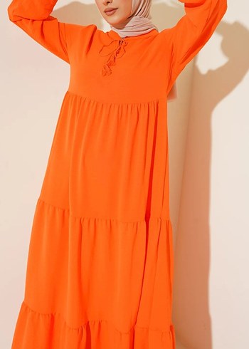 Turuncu Bağcıklı Uzun Bohem Elbise - Görsel 5