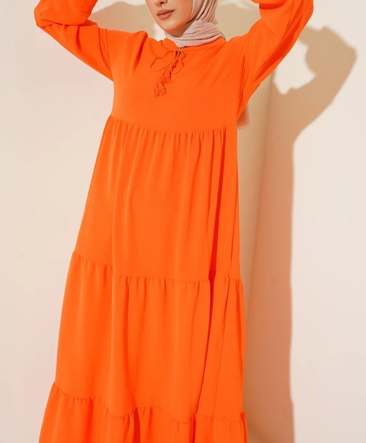 Turuncu Bağcıklı Uzun Bohem Elbise - Görsel 5