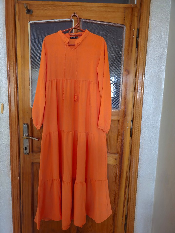 Turuncu Bağcıklı Uzun Bohem Elbise - Görsel 2