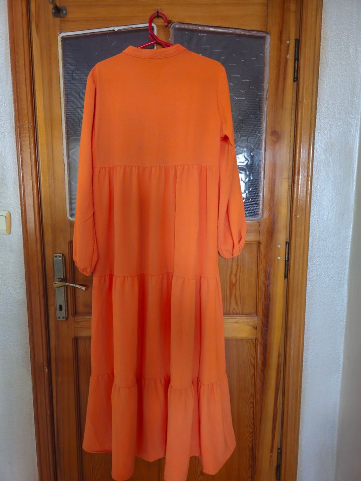 Turuncu Bağcıklı Uzun Bohem Elbise - Görsel 4