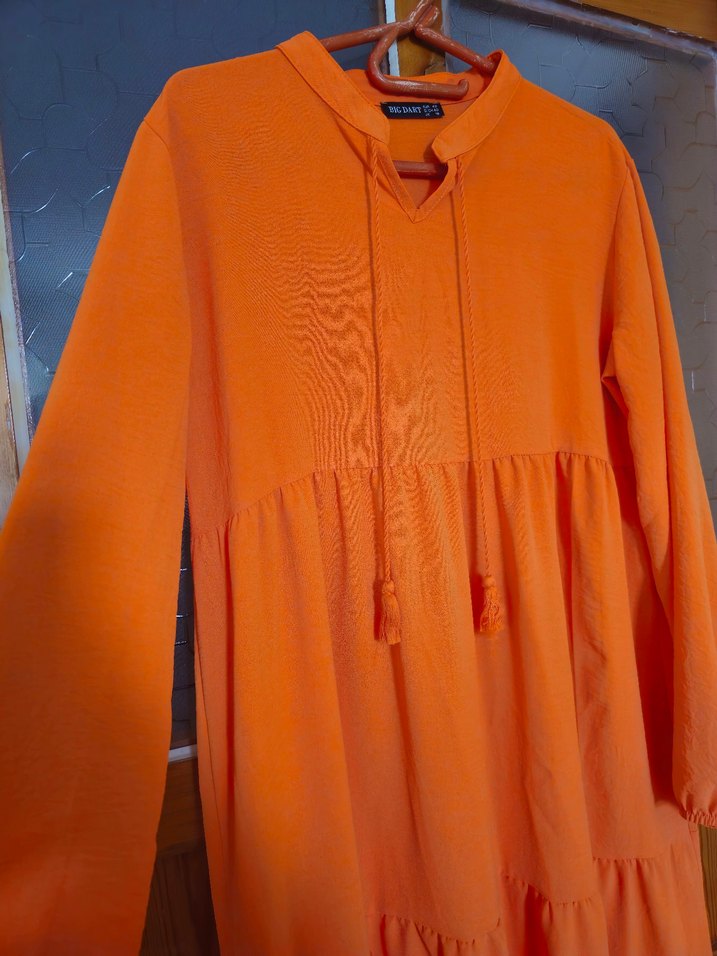 Turuncu Bağcıklı Uzun Bohem Elbise - Görsel 3