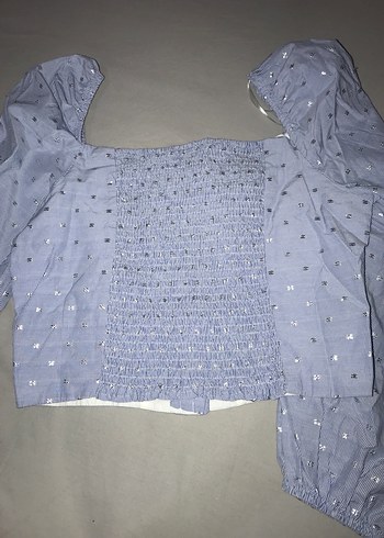40 Beden mavi Renk Gri Nakışlı Denim Mini Bluz