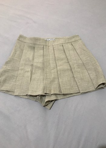 Bej Pliseli Keten Mini Şort