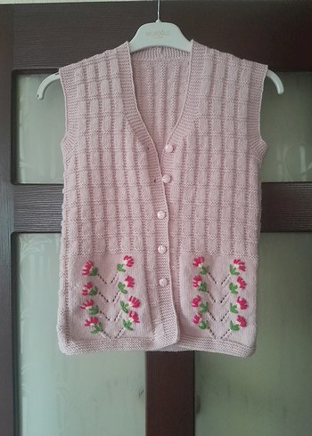 Kız Çocuk Pembe Nakışlı Triko  yelek - Görsel 3