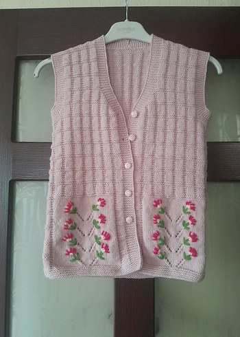 Kız Çocuk Pembe Nakışlı Triko  yelek - Görsel 4