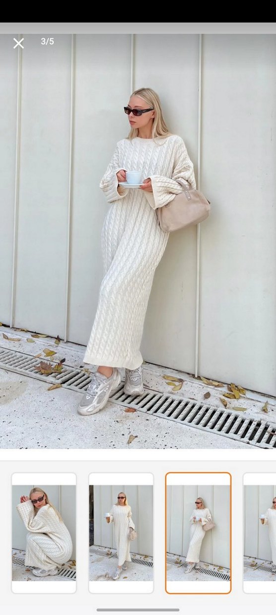 Uzun Beyaz Örgü Kadın Triko Elbise 
ekru - Görsel 2