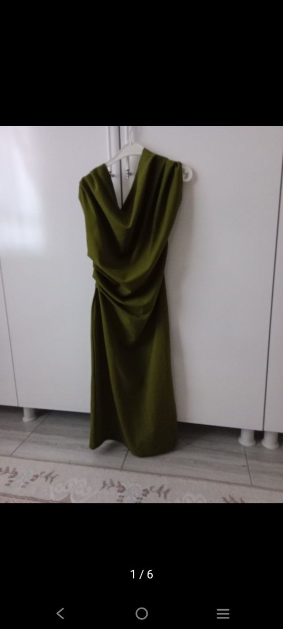 Drapeli Straplez Haki Midi Kalem Elbise - Görsel 2