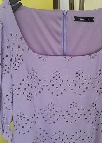 Lila Midi Balon Kollu Brode Elbise - Görsel 3