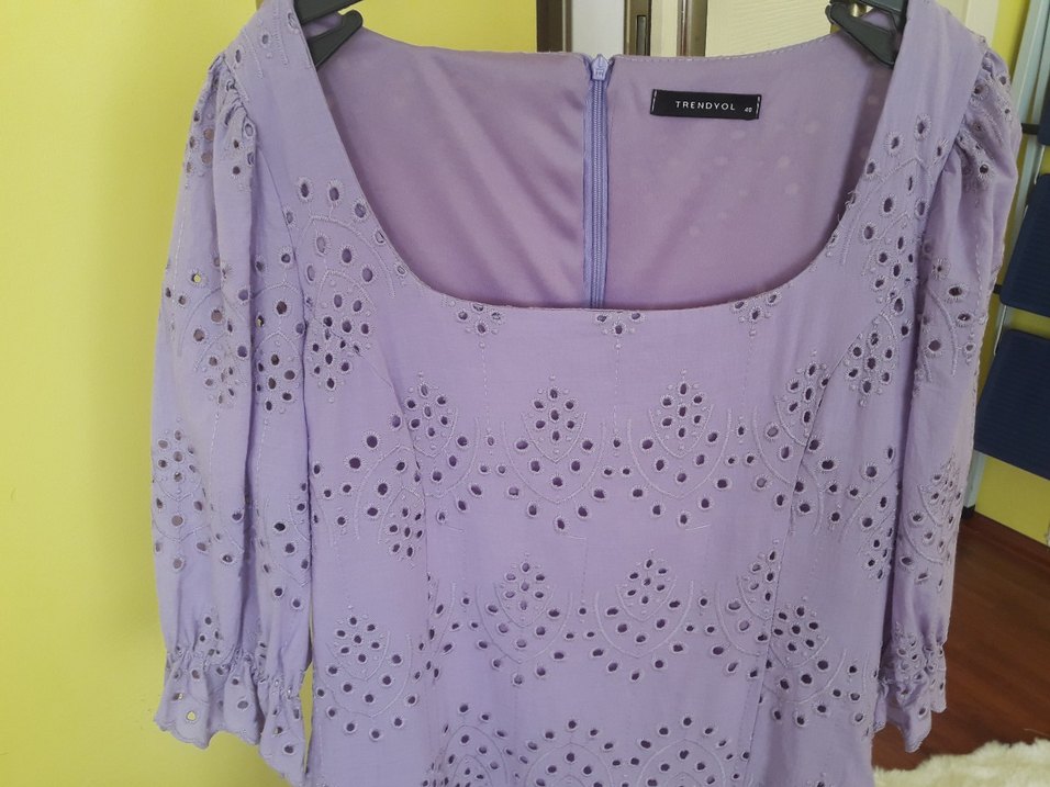 Lila Midi Balon Kollu Brode Elbise - Görsel 3