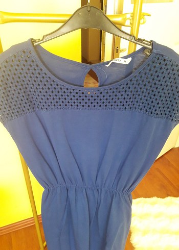 Mavi Midi Beli Lastikli Kadın Elbise - Görsel 3