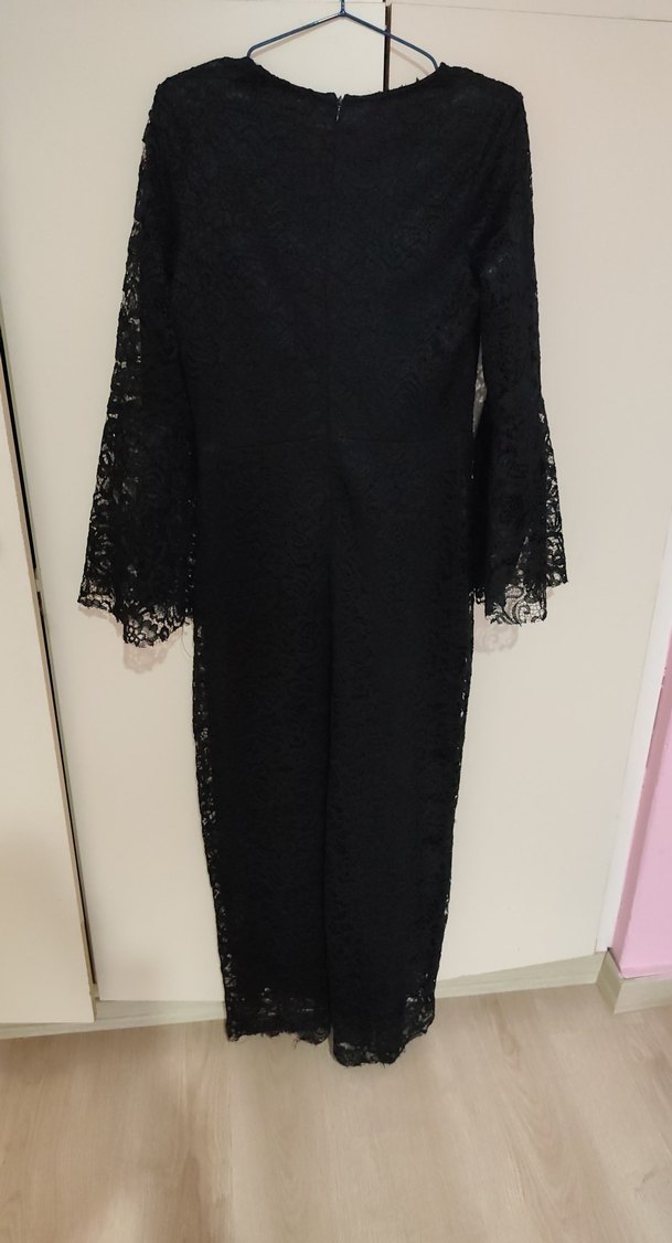 Uzun Kollu Siyah Dantel Gotik Abiye Elbise - Görsel 3