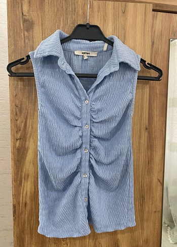 Mavi Kolsuz Düğmeli Kadın Gömlek - Görsel 3