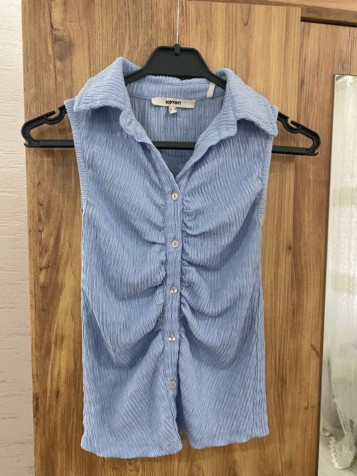 Mavi Kolsuz Düğmeli Kadın Gömlek - Görsel 3