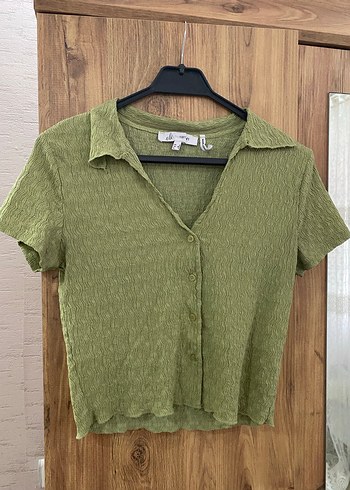 Düğmeli V Yaka Kısa Kollu Keten Bluz - Görsel 3