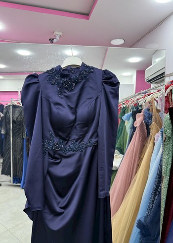 36 Beden mavi Renk Uzun Kollu Drapeli Mavi Abiye Elbise tesettür