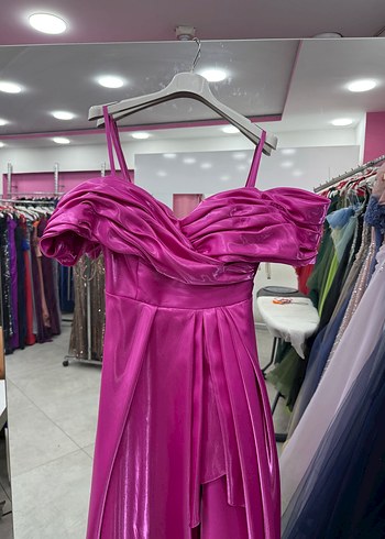 Abiye Pembe Drapeli Uzun Abiye Elbise