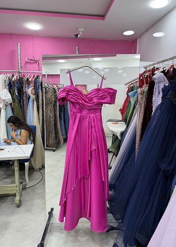 Pembe Drapeli Uzun Abiye Elbise