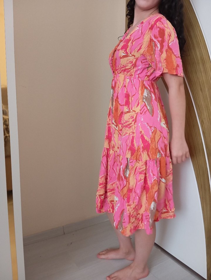 Pembe Batik Desenli Uzun Bohem Elbise - Görsel 3