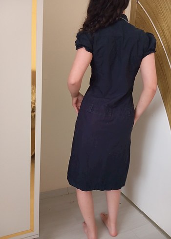 Düğmeli Siyah Denim Midi Elbise - Görsel 3