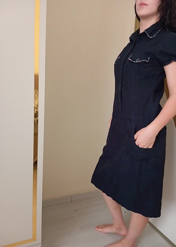 Düğmeli Siyah Denim Midi Elbise - Görsel 2