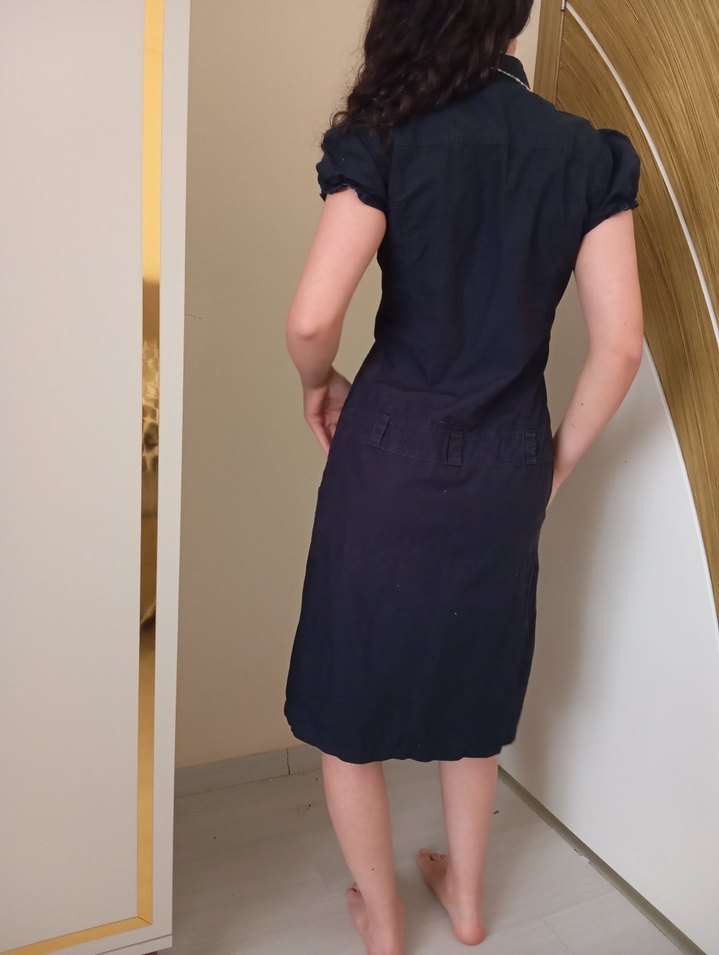 Düğmeli Siyah Denim Midi Elbise - Görsel 3