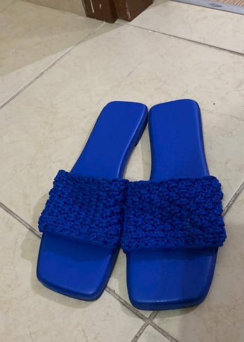 Örgü Detaylı Mavi Kadın Terlik - Görsel 2