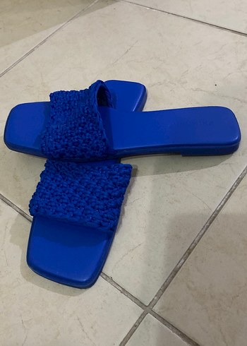 Örgü Detaylı Mavi Kadın Terlik - Görsel 3