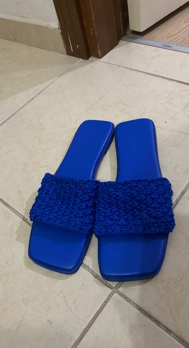 Örgü Detaylı Mavi Kadın Terlik - Görsel 2