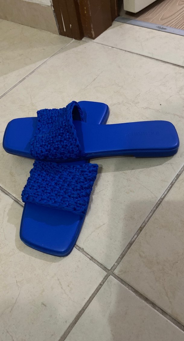 Örgü Detaylı Mavi Kadın Terlik - Görsel 3