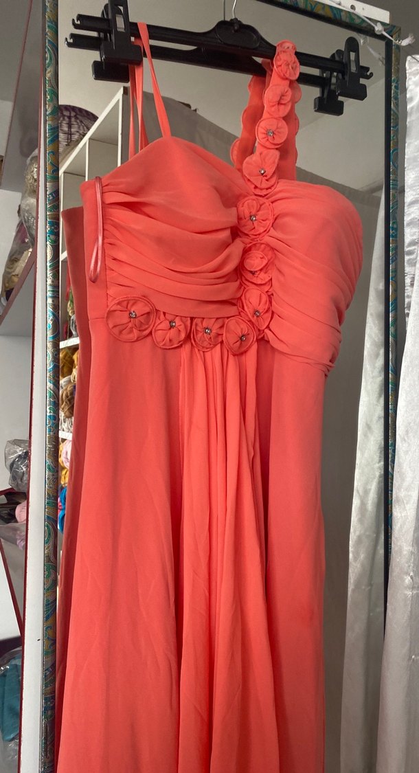 Pembe Drapeli Uzun Straplez Abiye Elbise - Görsel 2