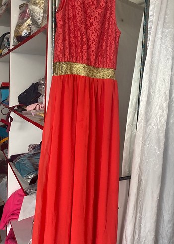 Uzun Kırmızı Drapeli Abiye Elbise - Görsel 2