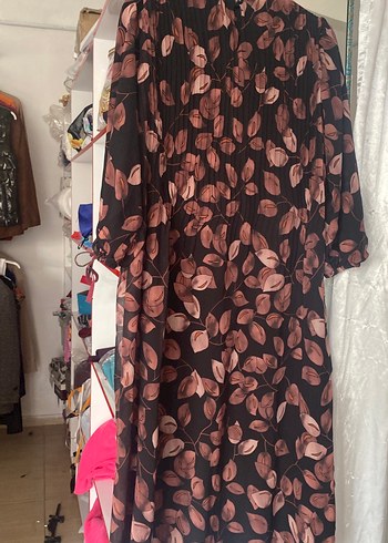 Uzun, Pilili, Desenli Kahverengi Kadın Elbise - Görsel 2