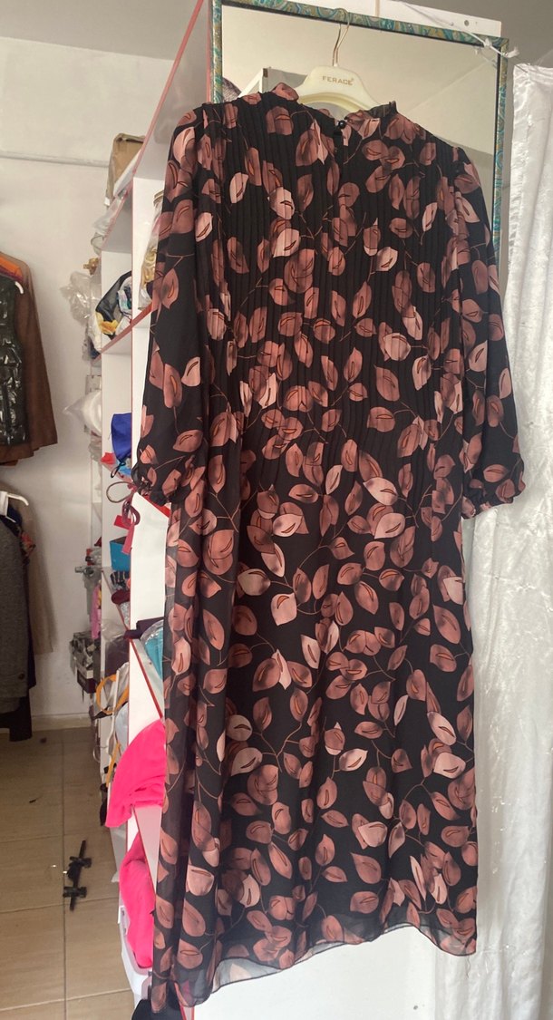 Uzun, Pilili, Desenli Kahverengi Kadın Elbise - Görsel 2