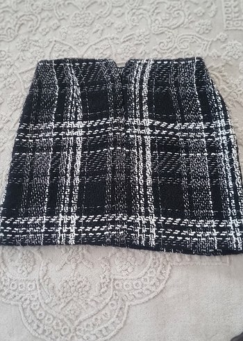 Gri Ekose Desenli Örgü Mini Etek - Görsel 2