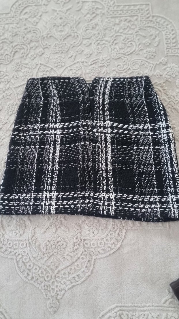 Gri Ekose Desenli Örgü Mini Etek - Görsel 2