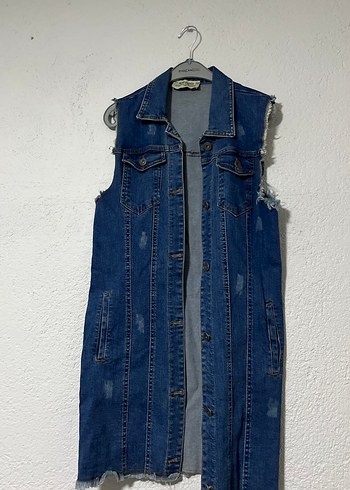 Düğmeli Kolsuz Mavi Kadın Kot Ceket - Görsel 2