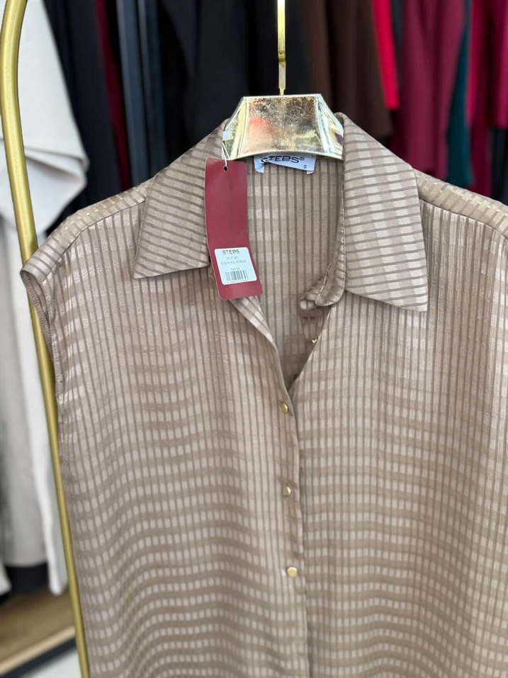 Düğmeli Kısa Kollu Kahverengi Kadın Gömlek - Görsel 2