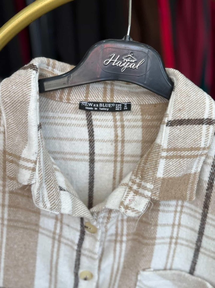 Bej Ekose Desenli Pamuklu Kadın Gömlek - Görsel 2