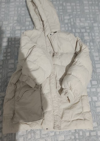 Beyaz Düğmeli Uzun Kadın Kışlık Ceket - Görsel 3