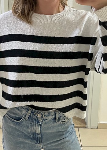 Çizgili Örgü Kadın Triko Kazak - Görsel 2