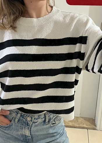 Çizgili Örgü Kadın Triko Kazak - Görsel 3