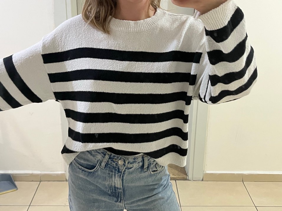 Çizgili Örgü Kadın Triko Kazak - Görsel 2