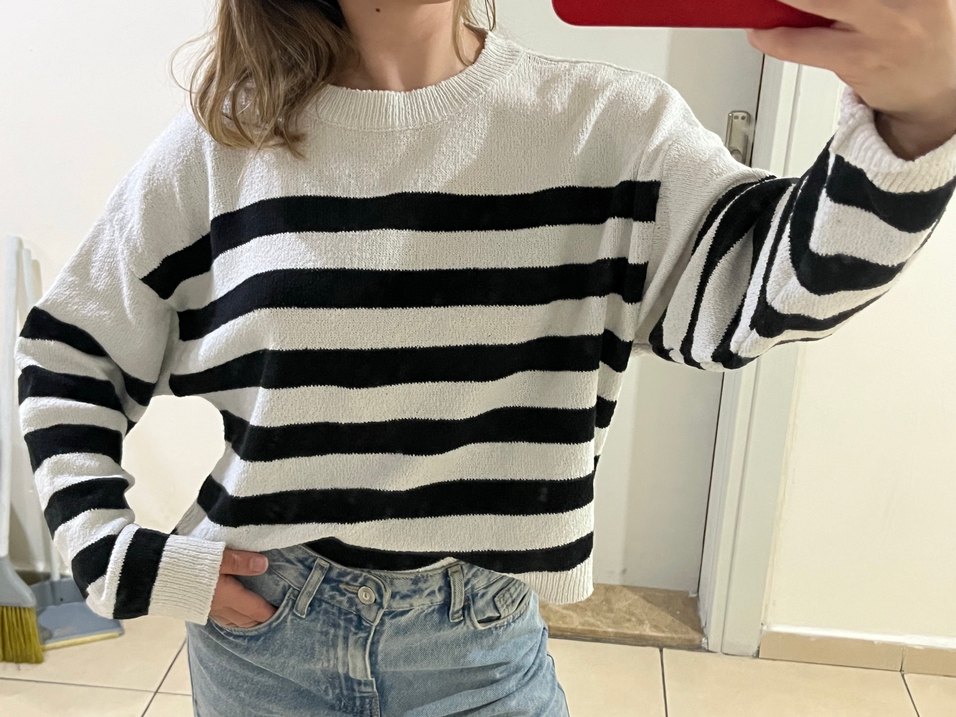 Çizgili Örgü Kadın Triko Kazak - Görsel 3