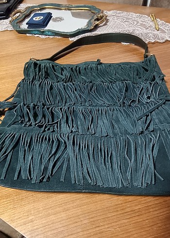 Püsküllü Yeşil Süet Bohem Kadın Çanta - Görsel 2