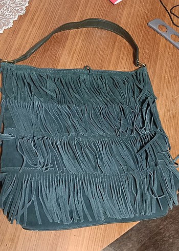 Püsküllü Yeşil Süet Bohem Kadın Çanta - Görsel 3