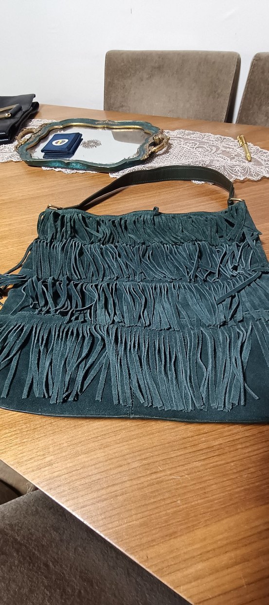Püsküllü Yeşil Süet Bohem Kadın Çanta - Görsel 2