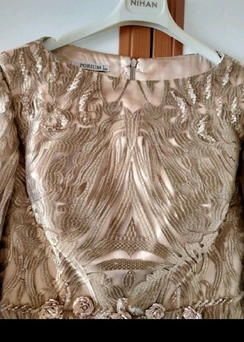 Bej İşlemeli Uzun Kollu Abiye Elbise - Görsel 2