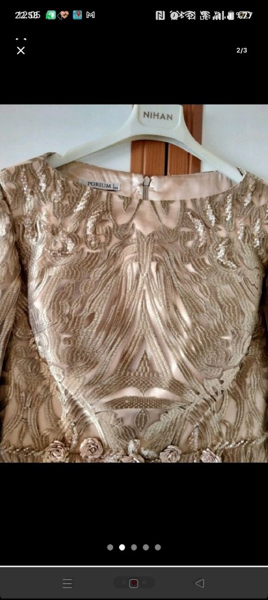 Bej İşlemeli Uzun Kollu Abiye Elbise - Görsel 2