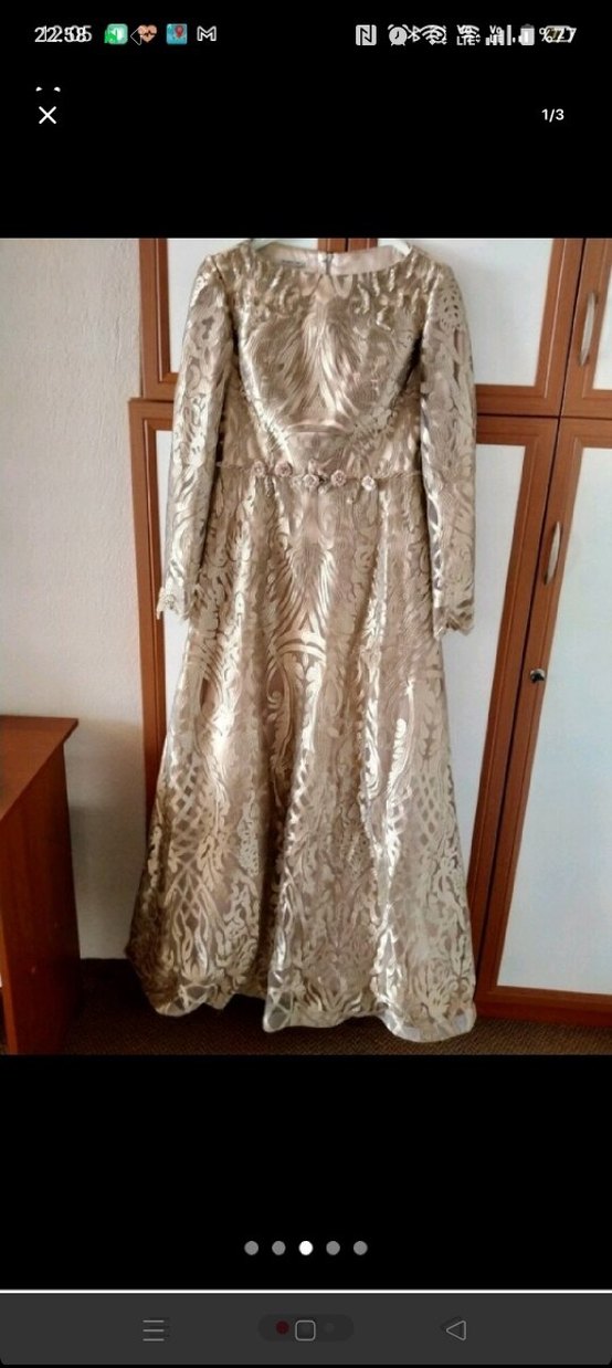 Bej İşlemeli Uzun Kollu Abiye Elbise - Görsel 3